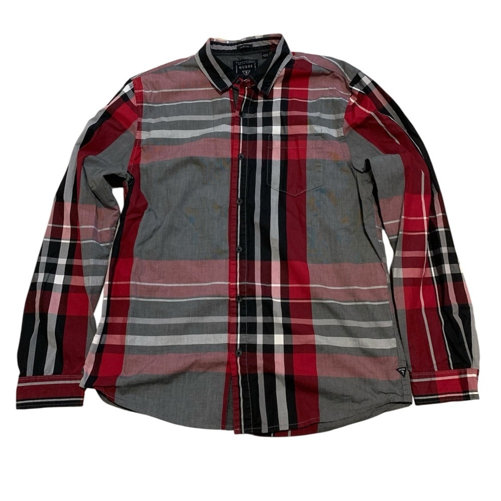 Guess Men's Slim Fit Red & Gray Plaid Long Sleeve Button-Down Shirt - Size L